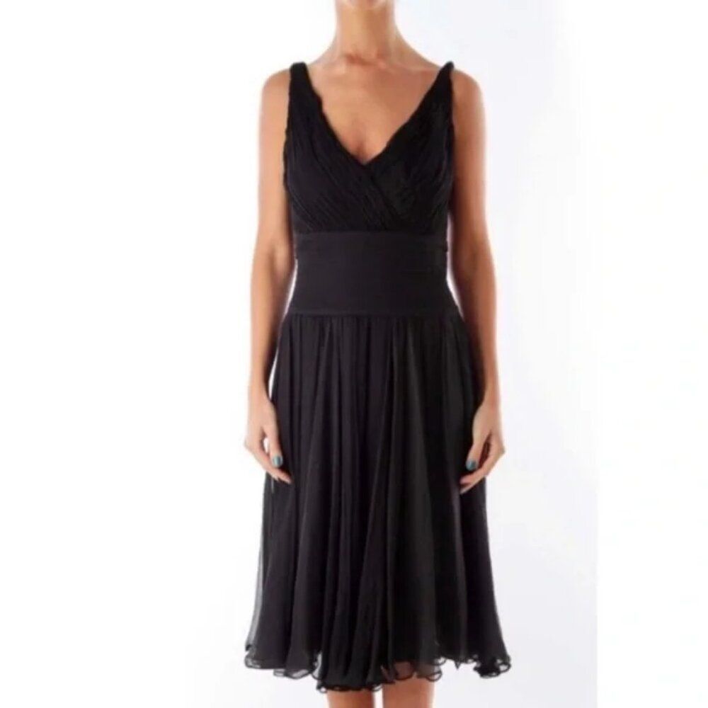 Tadashi Collection Black Silk Dress Pleated Waist & Flowing Skirt Size 8 P